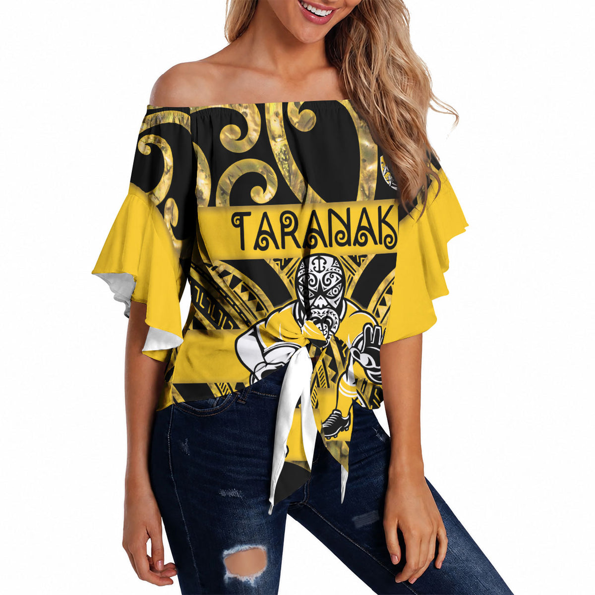 Taranaki Custom Rugby New Zealand Off Shoulder Wrap Waist Top Aotearoa Maori Pukana Tiki Mascot