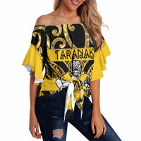 Taranaki Custom Rugby New Zealand Off Shoulder Wrap Waist Top Aotearoa Maori Pukana Tiki Mascot