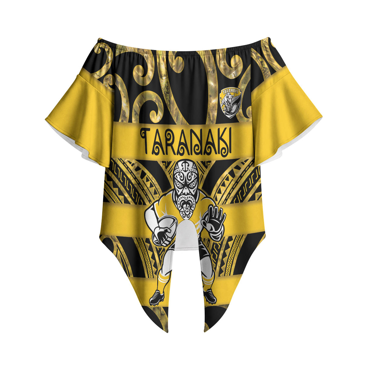Taranaki Custom Rugby New Zealand Off Shoulder Wrap Waist Top Aotearoa Maori Pukana Tiki Mascot