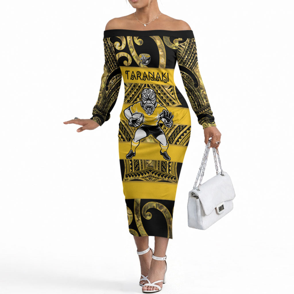 Taranaki Custom Rugby New Zealand Off The Shoulder Long Sleeve Dress Aotearoa Maori Pukana Tiki Mascot