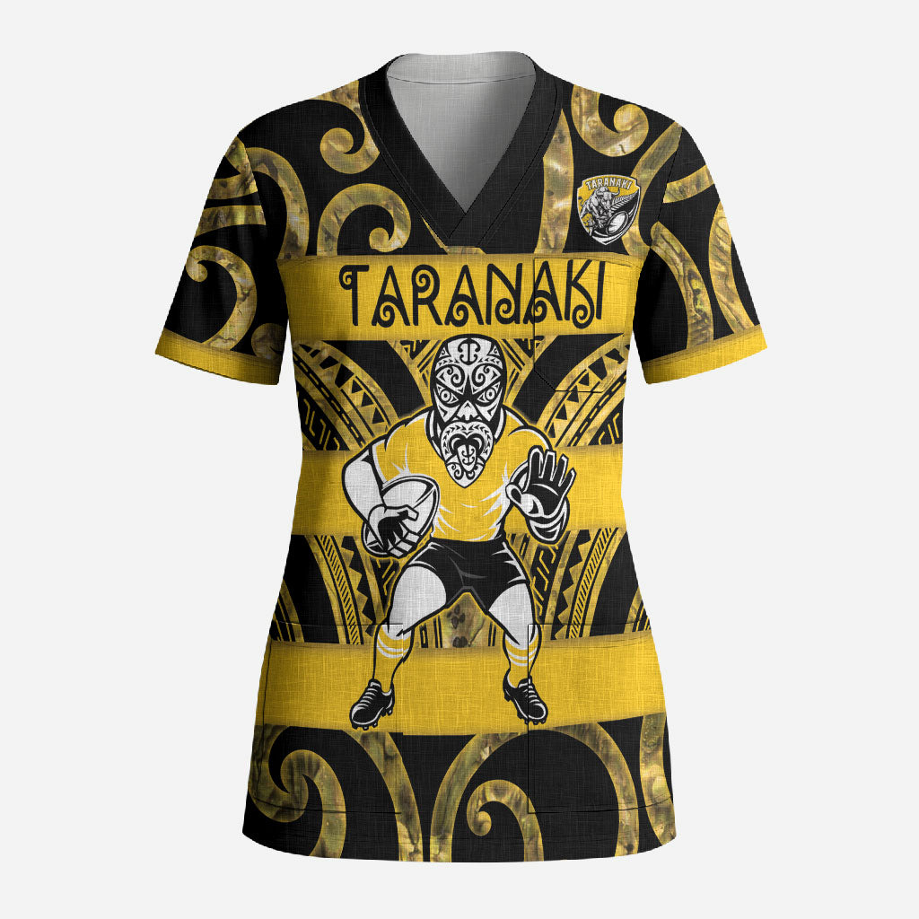 Taranaki Custom Rugby New Zealand Scrub Top Aotearoa Maori Pukana Tiki Mascot
