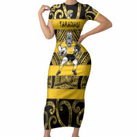 Taranaki Custom Rugby New Zealand Short Sleeve Bodycon Dress Aotearoa Maori Pukana Tiki Mascot