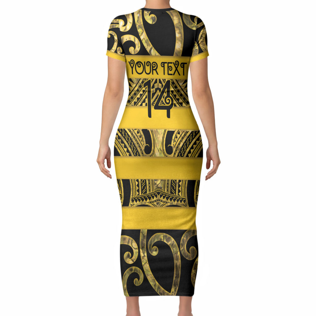 Taranaki Custom Rugby New Zealand Short Sleeve Bodycon Dress Aotearoa Maori Pukana Tiki Mascot