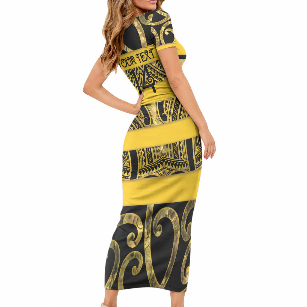 Taranaki Custom Rugby New Zealand Short Sleeve Bodycon Dress Aotearoa Maori Pukana Tiki Mascot