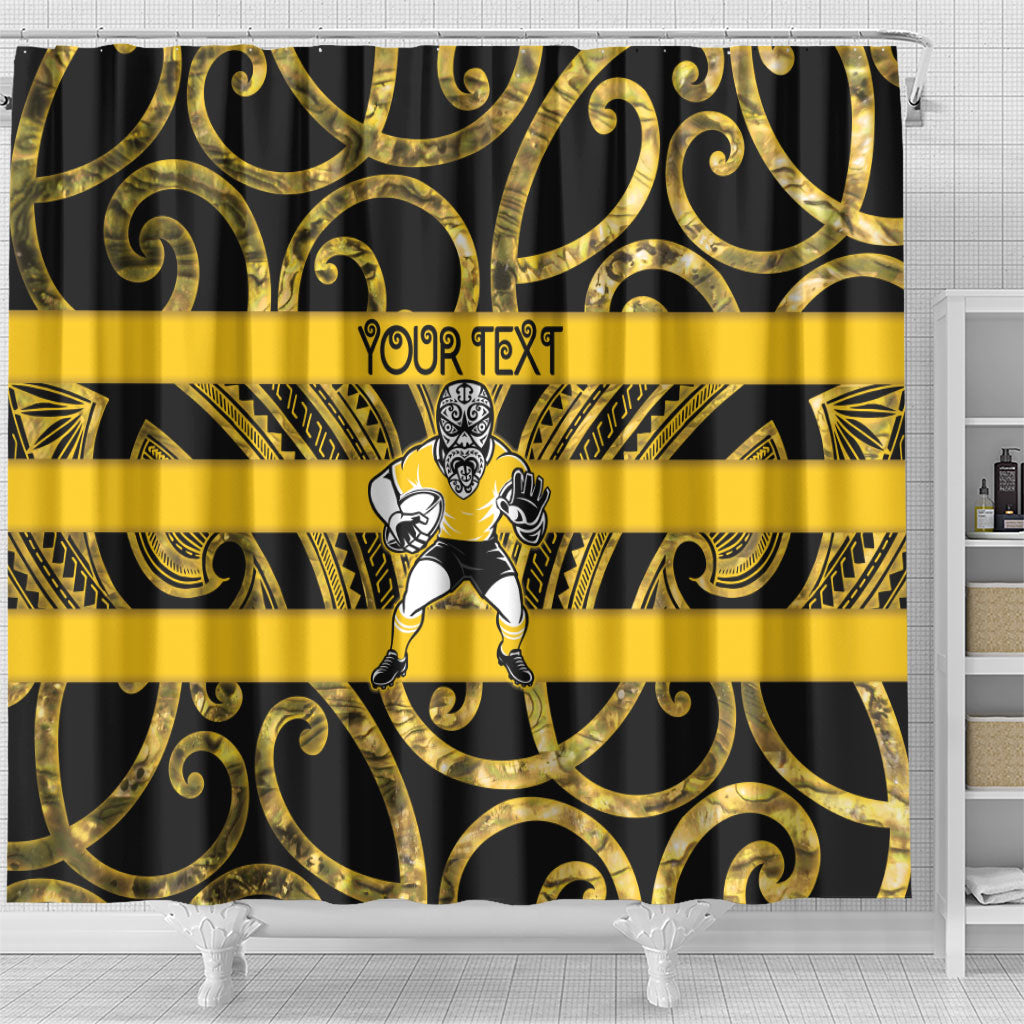 Taranaki Custom Rugby New Zealand Shower Curtain Aotearoa Maori Pukana Tiki Mascot
