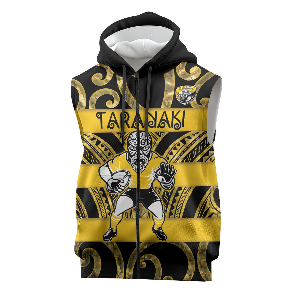 Taranaki Custom Rugby New Zealand Sleeveless Zip Hoodie Aotearoa Maori Pukana Tiki Mascot