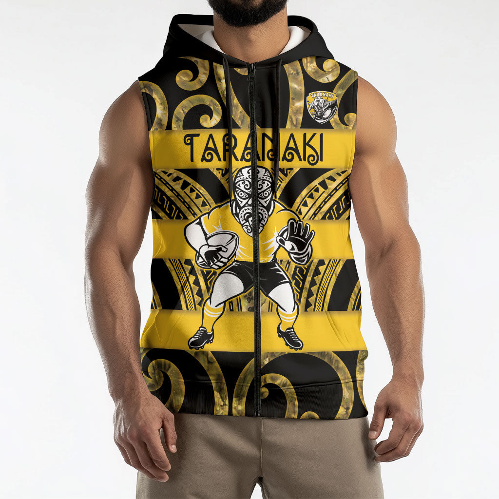 Taranaki Custom Rugby New Zealand Sleeveless Zip Hoodie Aotearoa Maori Pukana Tiki Mascot