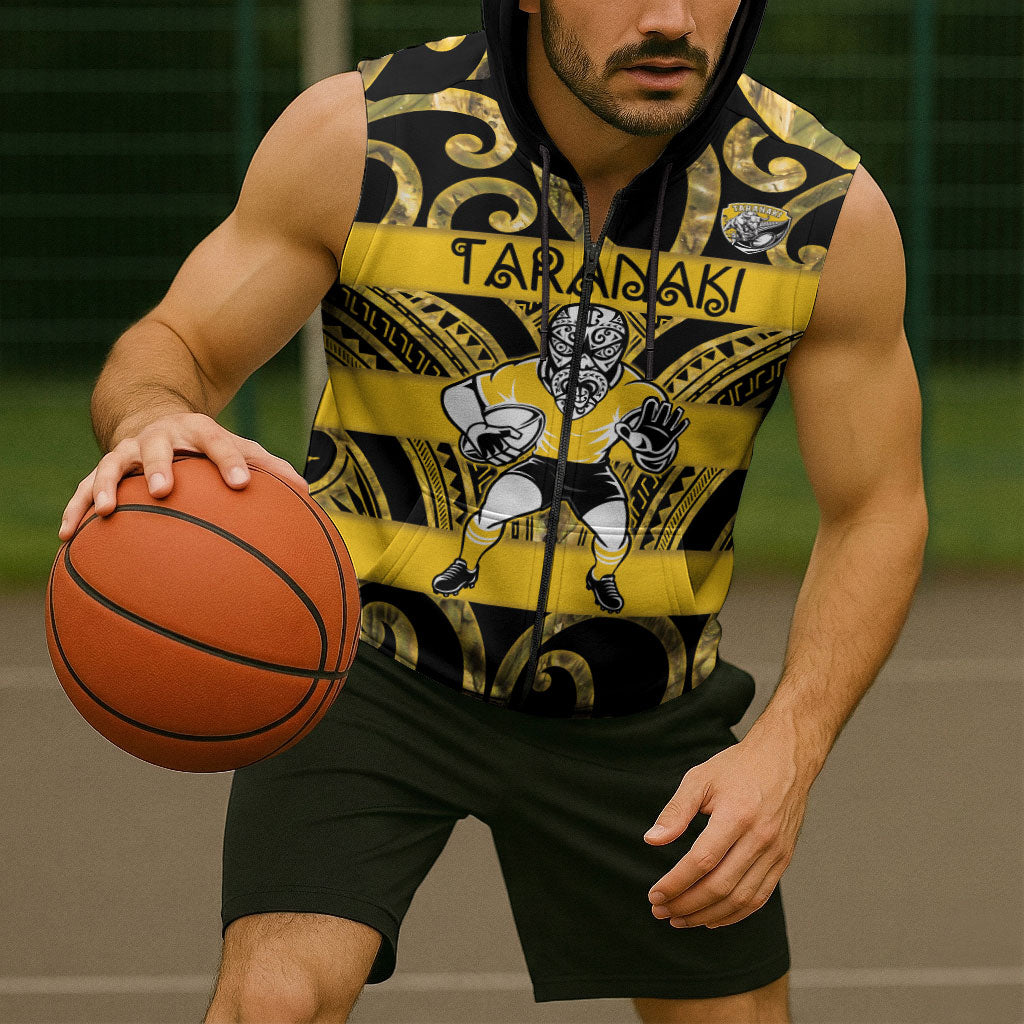 Taranaki Custom Rugby New Zealand Sleeveless Zip Hoodie Aotearoa Maori Pukana Tiki Mascot
