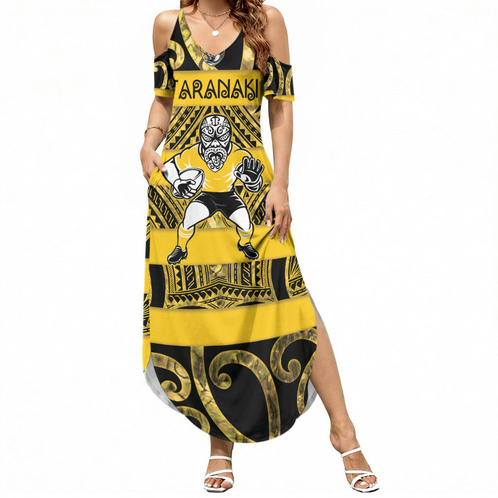 Taranaki Custom Rugby New Zealand Summer Maxi Dress Aotearoa Maori Pukana Tiki Mascot