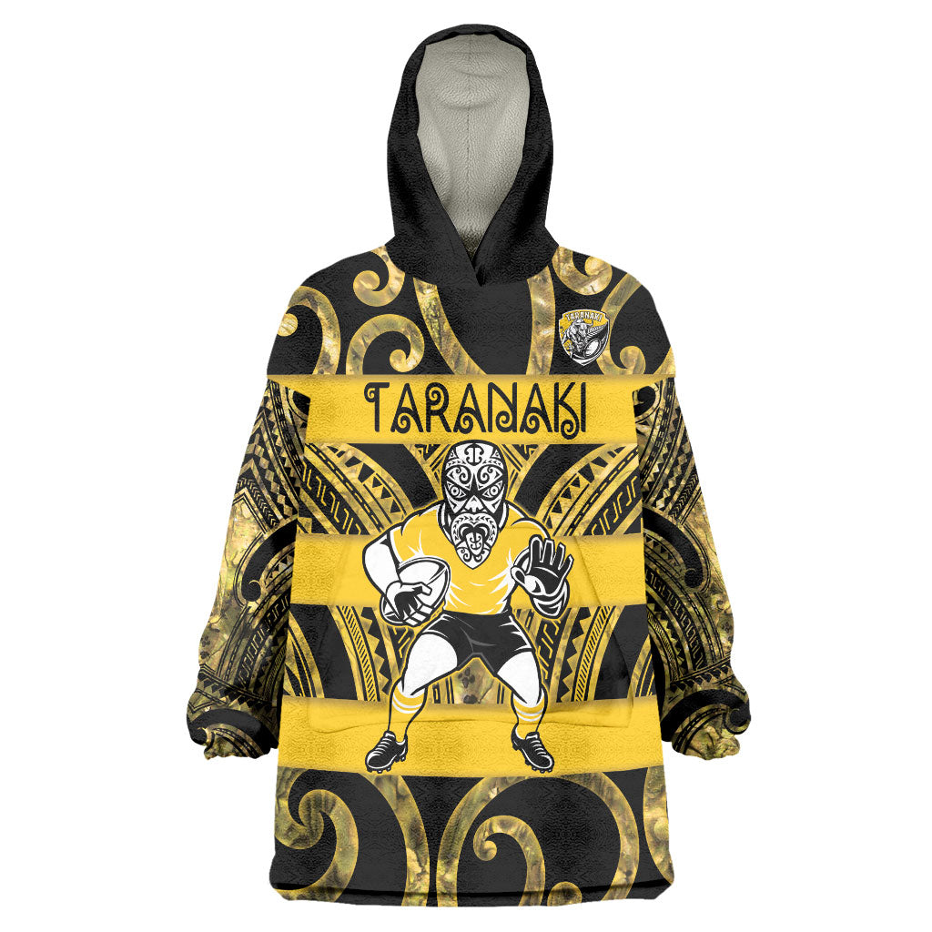 Taranaki Custom Rugby New Zealand Wearable Blanket Hoodie Aotearoa Maori Pukana Tiki Mascot