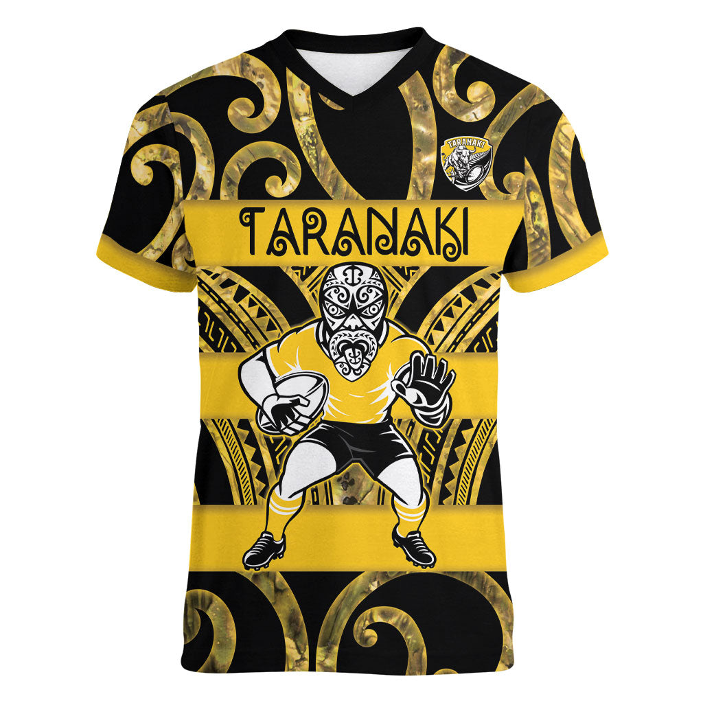 Taranaki Custom Rugby New Zealand Women V-Neck T-Shirt Aotearoa Maori Pukana Tiki Mascot