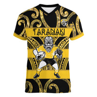 Taranaki Custom Rugby New Zealand Women V-Neck T-Shirt Aotearoa Maori Pukana Tiki Mascot