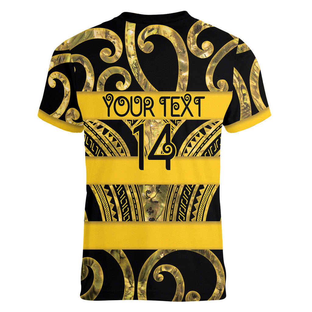 Taranaki Custom Rugby New Zealand Women V-Neck T-Shirt Aotearoa Maori Pukana Tiki Mascot