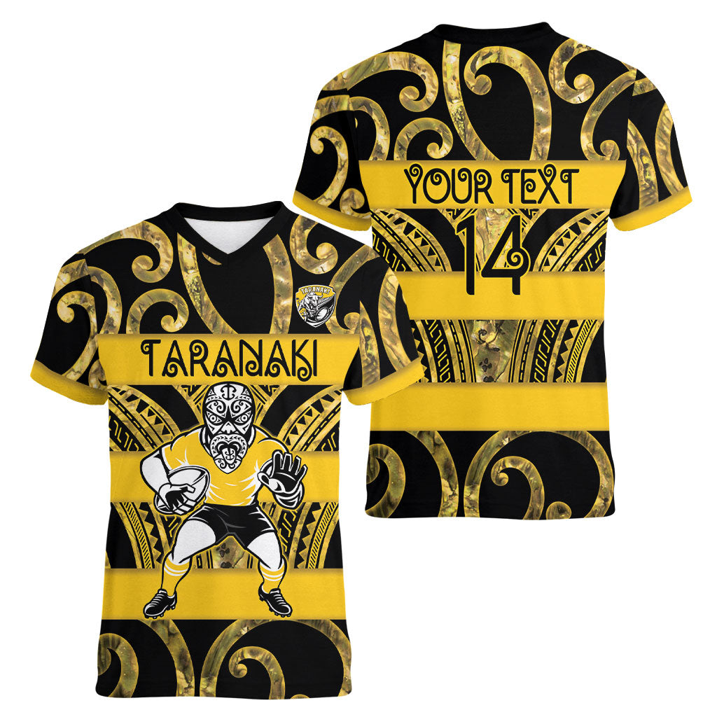 Taranaki Custom Rugby New Zealand Women V-Neck T-Shirt Aotearoa Maori Pukana Tiki Mascot