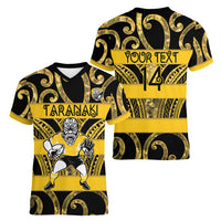 Taranaki Custom Rugby New Zealand Women V-Neck T-Shirt Aotearoa Maori Pukana Tiki Mascot