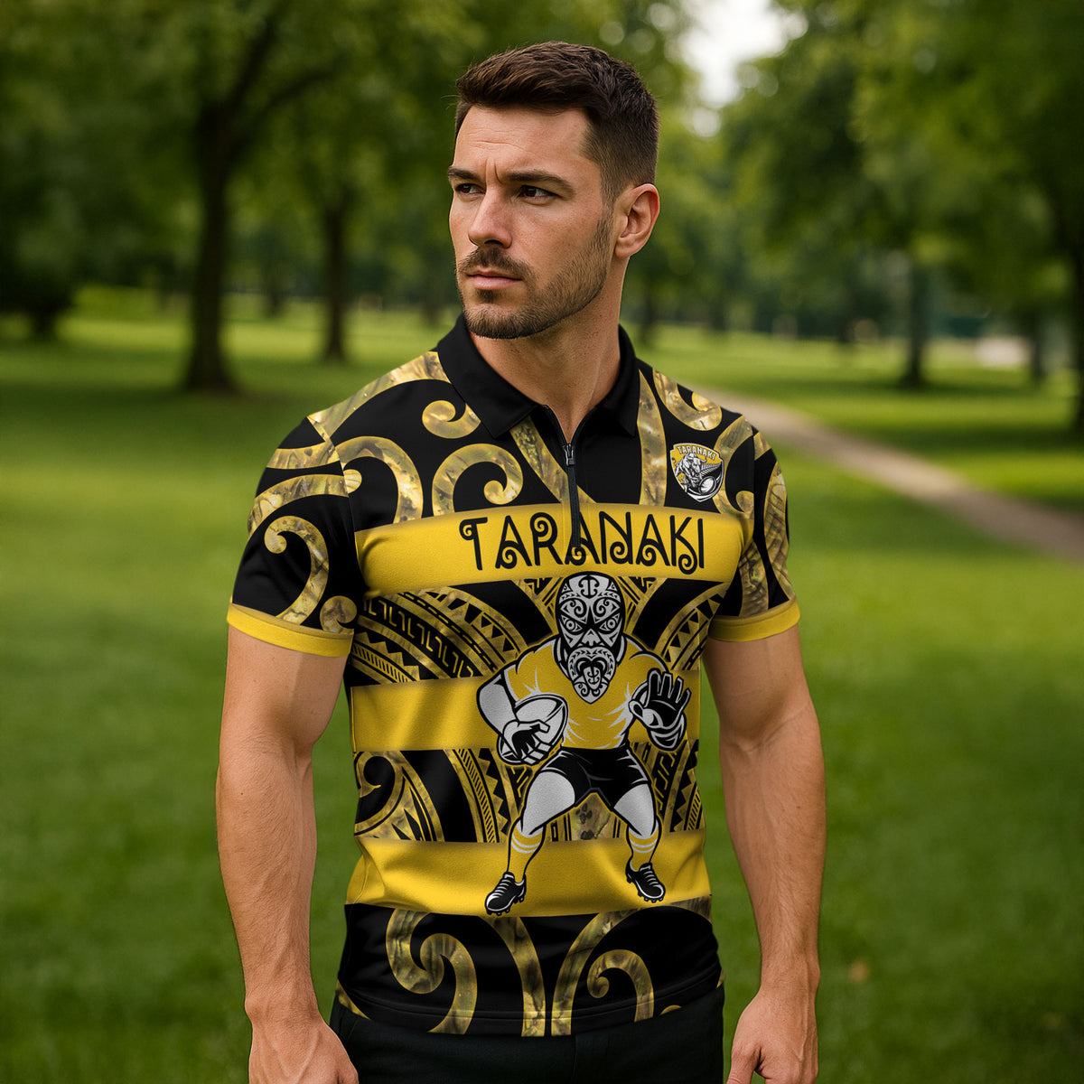 Taranaki Custom Rugby New Zealand Zipper Polo Shirt Aotearoa Maori Pukana Tiki Mascot