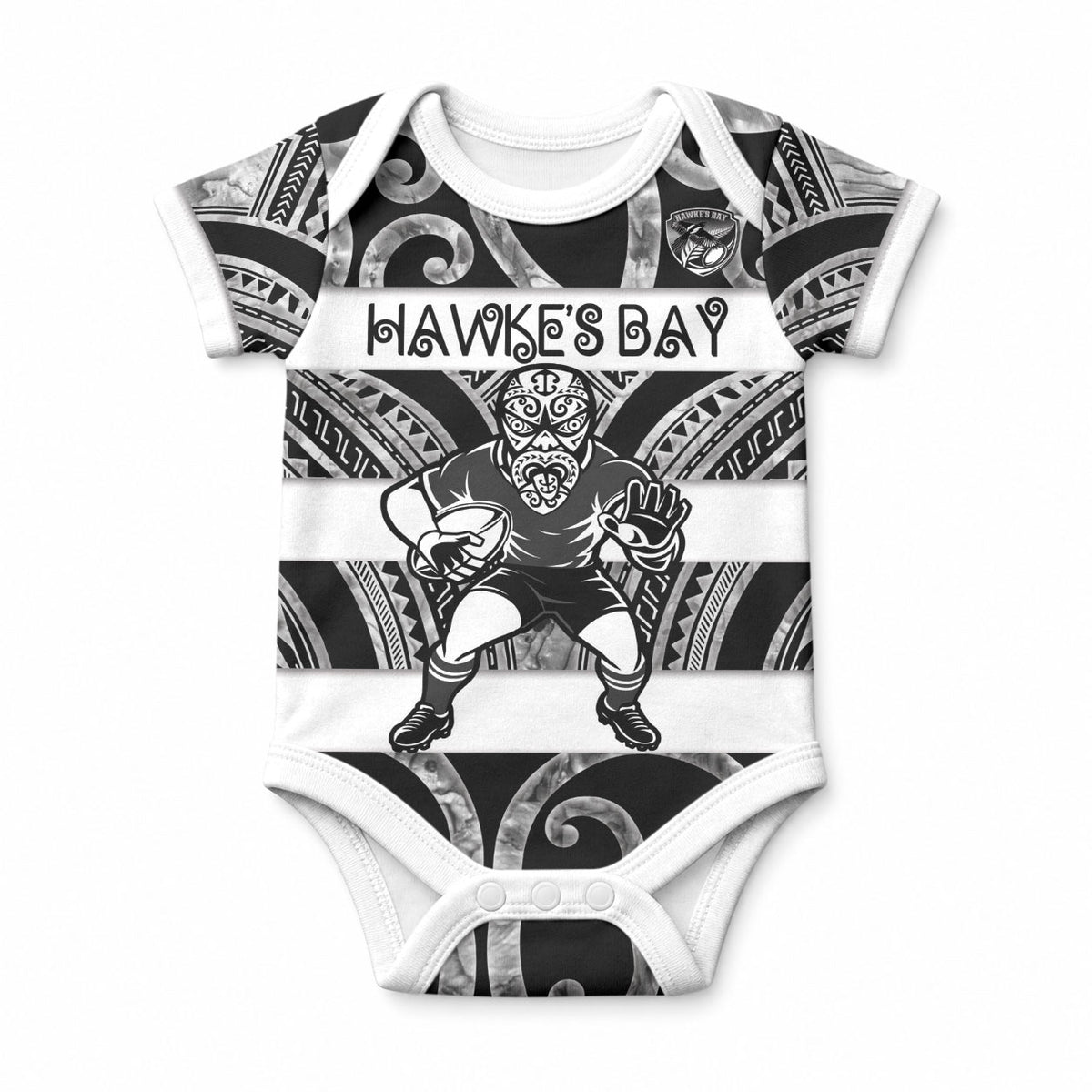 Hawke's Bay Custom Rugby New Zealand Baby Onesie Aotearoa Maori Pukana Tiki Mascot