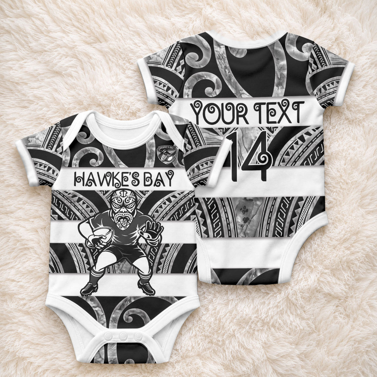 Hawke's Bay Custom Rugby New Zealand Baby Onesie Aotearoa Maori Pukana Tiki Mascot