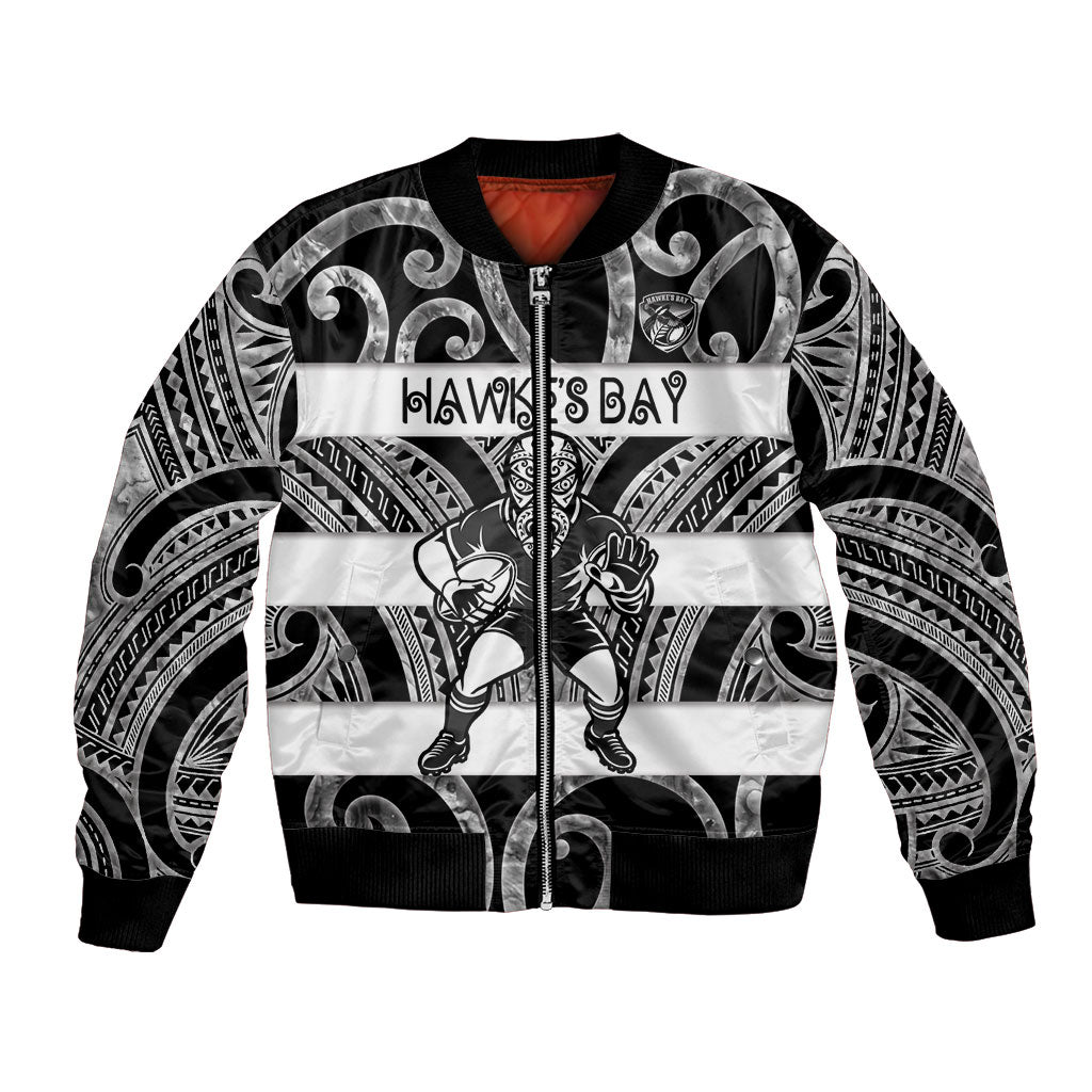 Hawke's Bay Custom Rugby New Zealand Bomber Jacket Aotearoa Maori Pukana Tiki Mascot