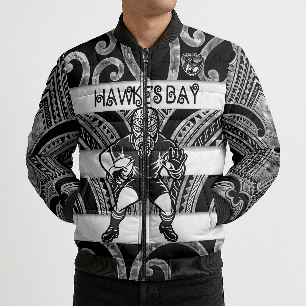 Hawke's Bay Custom Rugby New Zealand Bomber Puffer Jacket Aotearoa Maori Pukana Tiki Mascot