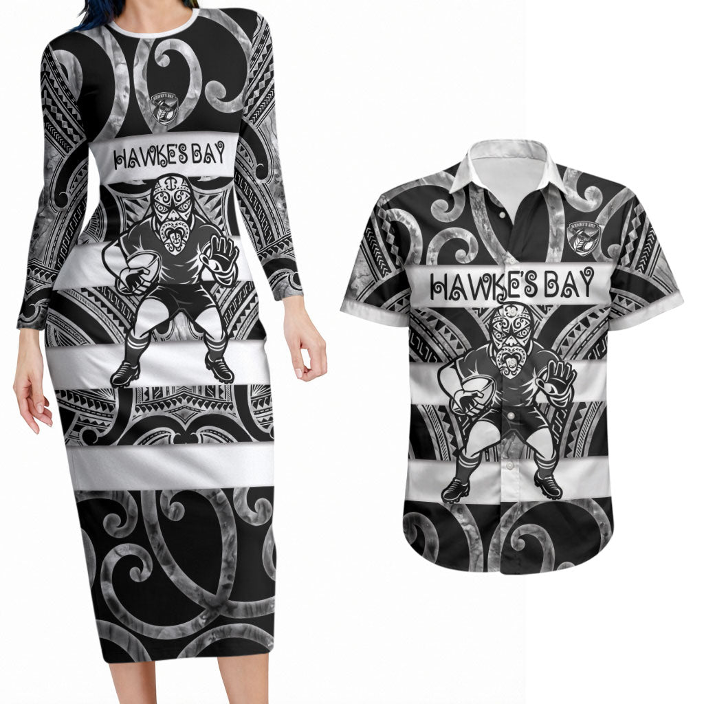 Hawke's Bay Custom Rugby New Zealand Couples Matching Long Sleeve Bodycon Dress and Hawaiian Shirt Aotearoa Maori Pukana Tiki Mascot