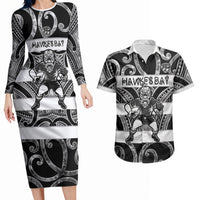 Hawke's Bay Custom Rugby New Zealand Couples Matching Long Sleeve Bodycon Dress and Hawaiian Shirt Aotearoa Maori Pukana Tiki Mascot