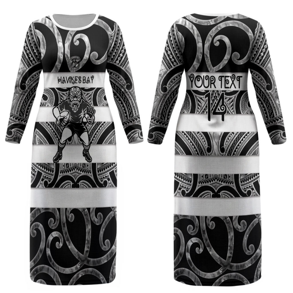 Hawke's Bay Custom Rugby New Zealand Couples Matching Long Sleeve Bodycon Dress and Hawaiian Shirt Aotearoa Maori Pukana Tiki Mascot