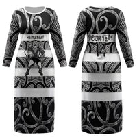 Hawke's Bay Custom Rugby New Zealand Couples Matching Long Sleeve Bodycon Dress and Hawaiian Shirt Aotearoa Maori Pukana Tiki Mascot