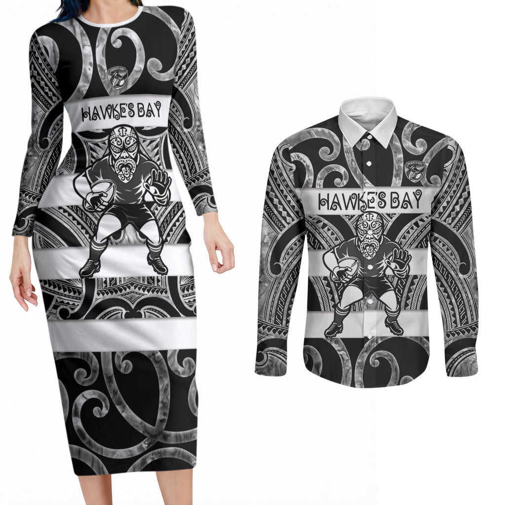 Hawke's Bay Custom Rugby New Zealand Couples Matching Long Sleeve Bodycon Dress and Long Sleeve Button Shirt Aotearoa Maori Pukana Tiki Mascot