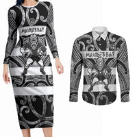 Hawke's Bay Custom Rugby New Zealand Couples Matching Long Sleeve Bodycon Dress and Long Sleeve Button Shirt Aotearoa Maori Pukana Tiki Mascot