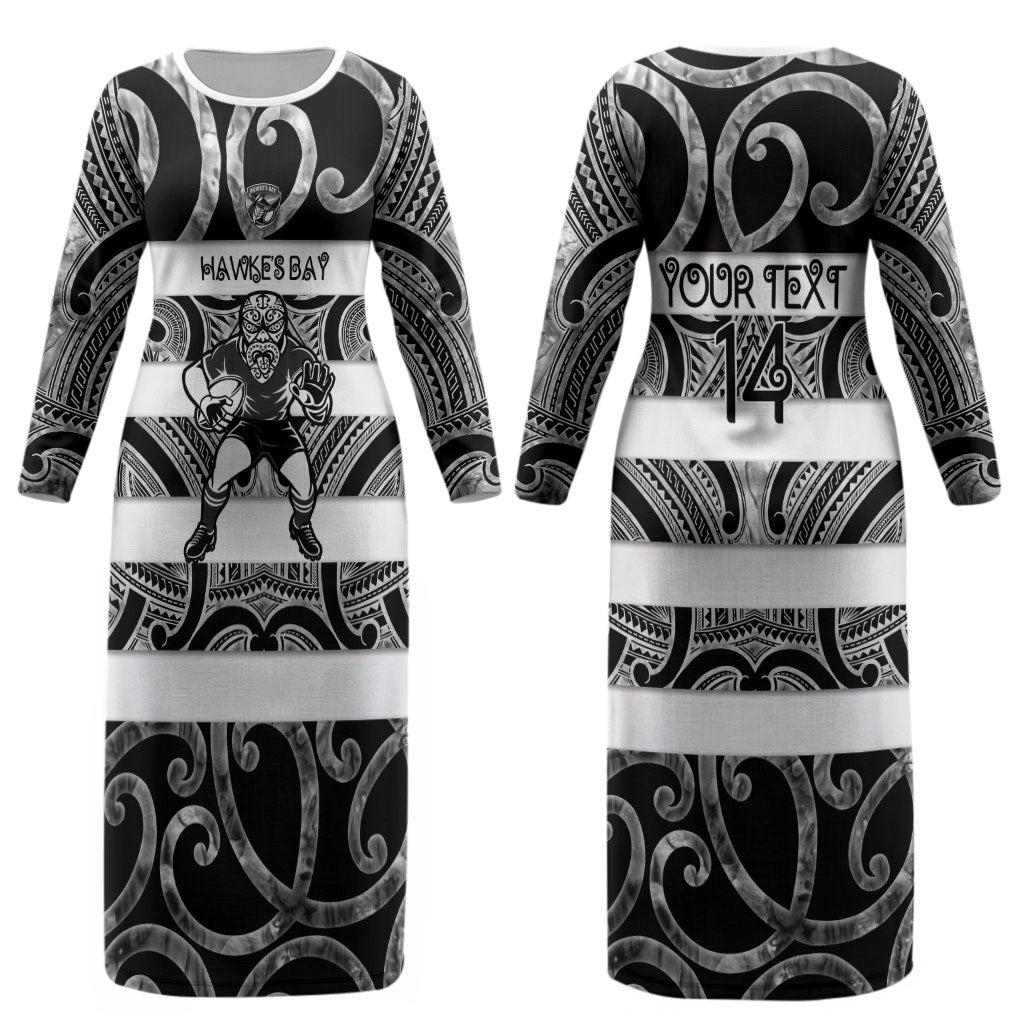 Hawke's Bay Custom Rugby New Zealand Couples Matching Long Sleeve Bodycon Dress and Long Sleeve Button Shirt Aotearoa Maori Pukana Tiki Mascot