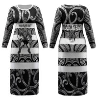 Hawke's Bay Custom Rugby New Zealand Couples Matching Long Sleeve Bodycon Dress and Long Sleeve Button Shirt Aotearoa Maori Pukana Tiki Mascot