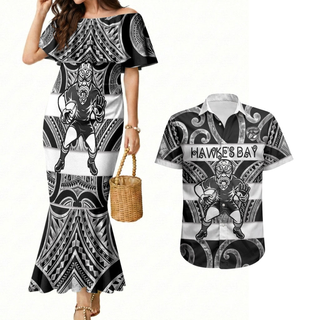 Hawke's Bay Custom Rugby New Zealand Couples Matching Mermaid Dress and Hawaiian Shirt Aotearoa Maori Pukana Tiki Mascot