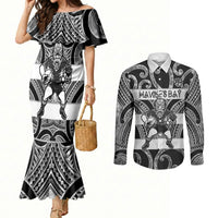 Hawke's Bay Custom Rugby New Zealand Couples Matching Mermaid Dress and Long Sleeve Button Shirt Aotearoa Maori Pukana Tiki Mascot
