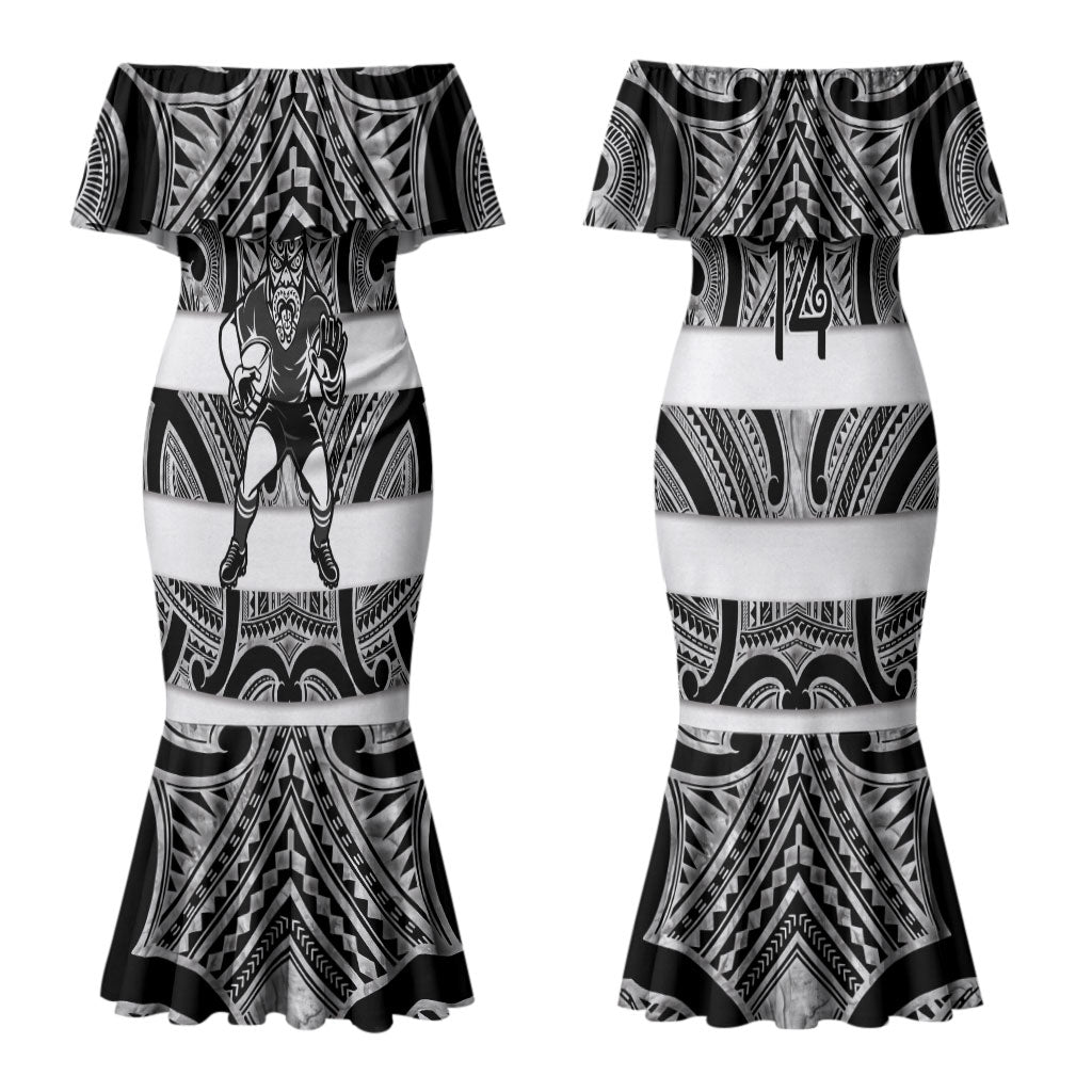 Hawke's Bay Custom Rugby New Zealand Couples Matching Mermaid Dress and Long Sleeve Button Shirt Aotearoa Maori Pukana Tiki Mascot