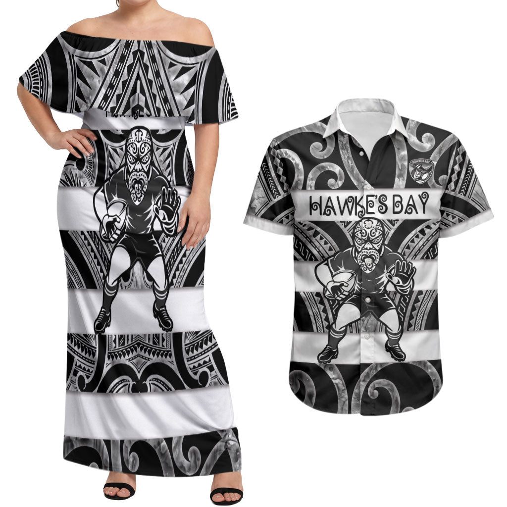 Hawke's Bay Custom Rugby New Zealand Couples Matching Off Shoulder Maxi Dress and Hawaiian Shirt Aotearoa Maori Pukana Tiki Mascot