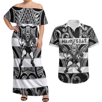 Hawke's Bay Custom Rugby New Zealand Couples Matching Off Shoulder Maxi Dress and Hawaiian Shirt Aotearoa Maori Pukana Tiki Mascot