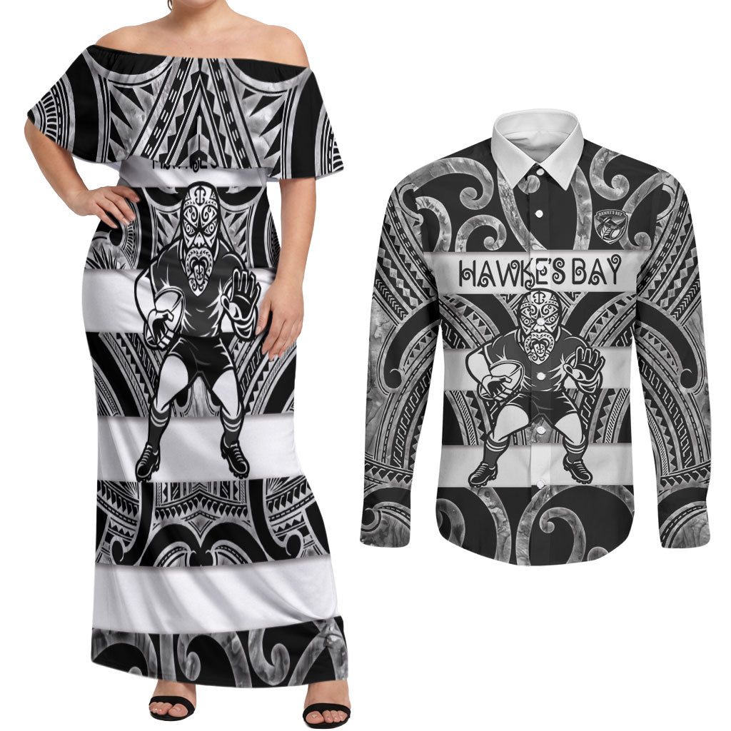 Hawke's Bay Custom Rugby New Zealand Couples Matching Off Shoulder Maxi Dress and Long Sleeve Button Shirt Aotearoa Maori Pukana Tiki Mascot