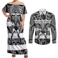 Hawke's Bay Custom Rugby New Zealand Couples Matching Off Shoulder Maxi Dress and Long Sleeve Button Shirt Aotearoa Maori Pukana Tiki Mascot