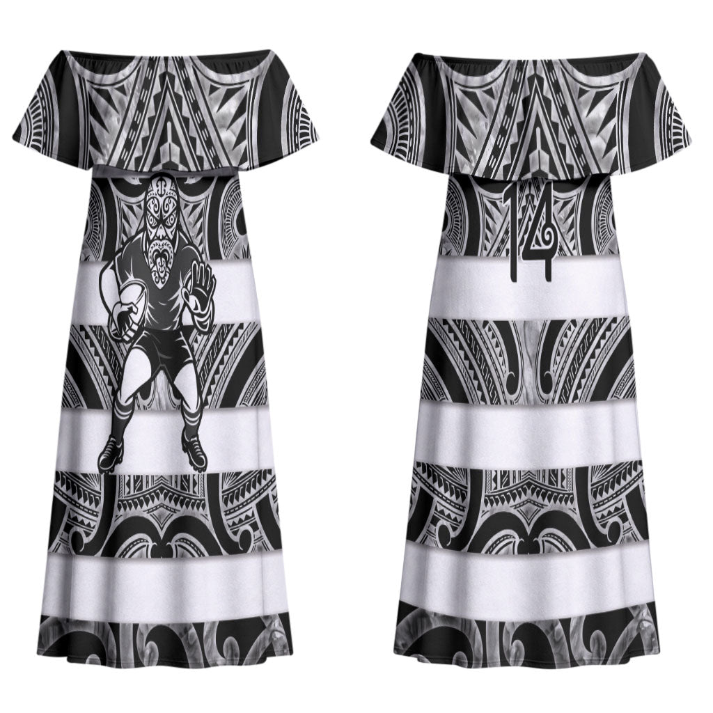 Hawke's Bay Custom Rugby New Zealand Couples Matching Off Shoulder Maxi Dress and Long Sleeve Button Shirt Aotearoa Maori Pukana Tiki Mascot