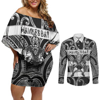 Hawke's Bay Custom Rugby New Zealand Couples Matching Off Shoulder Short Dress and Long Sleeve Button Shirt Aotearoa Maori Pukana Tiki Mascot