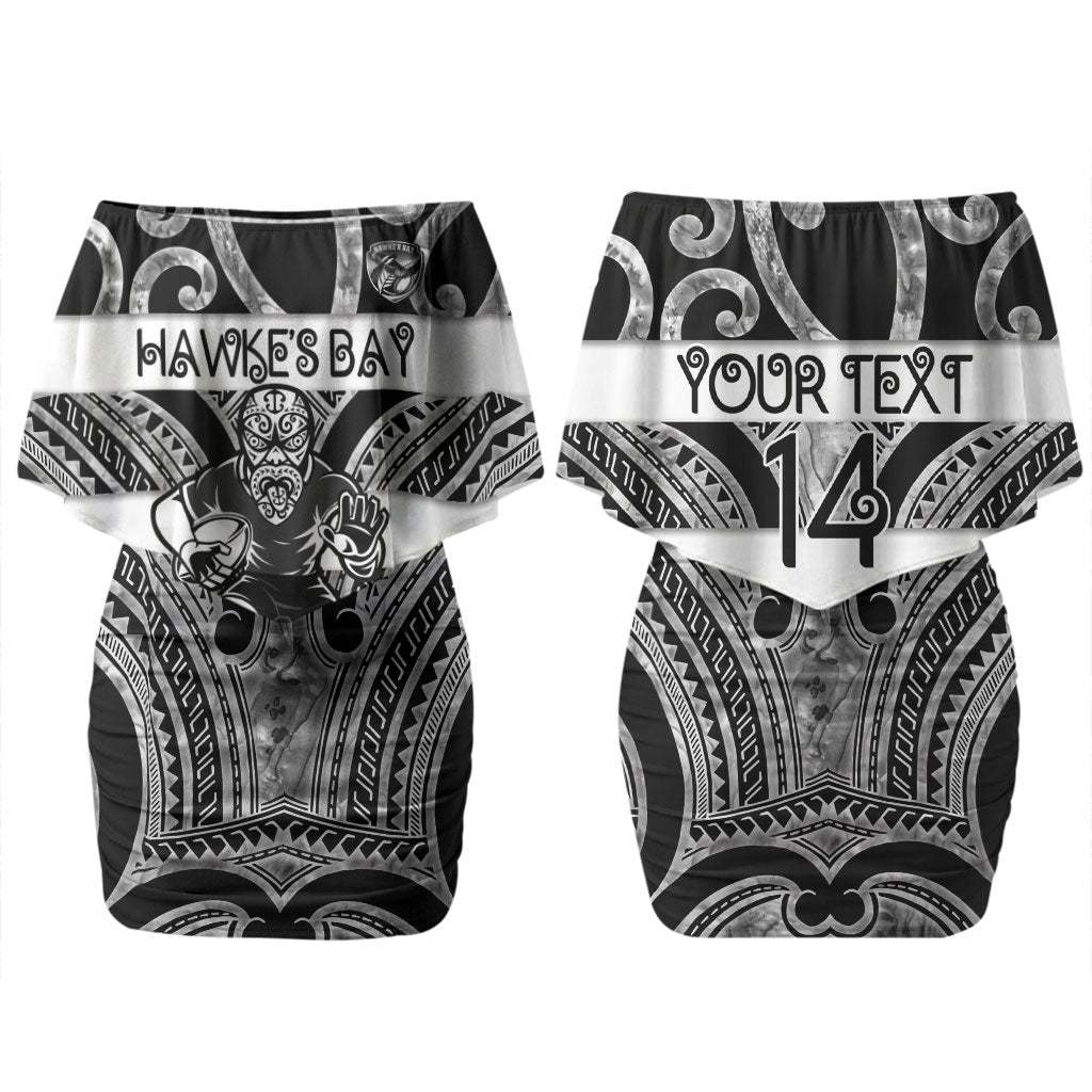 Hawke's Bay Custom Rugby New Zealand Couples Matching Off Shoulder Short Dress and Long Sleeve Button Shirt Aotearoa Maori Pukana Tiki Mascot