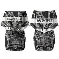 Hawke's Bay Custom Rugby New Zealand Couples Matching Off Shoulder Short Dress and Long Sleeve Button Shirt Aotearoa Maori Pukana Tiki Mascot