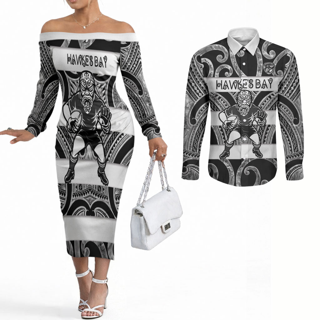 Hawke's Bay Custom Rugby New Zealand Couples Matching Off The Shoulder Long Sleeve Dress and Long Sleeve Button Shirt Aotearoa Maori Pukana Tiki Mascot