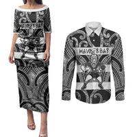 Hawke's Bay Custom Rugby New Zealand Couples Matching Puletasi and Long Sleeve Button Shirt Aotearoa Maori Pukana Tiki Mascot