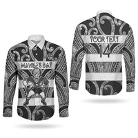 Hawke's Bay Custom Rugby New Zealand Couples Matching Puletasi and Long Sleeve Button Shirt Aotearoa Maori Pukana Tiki Mascot