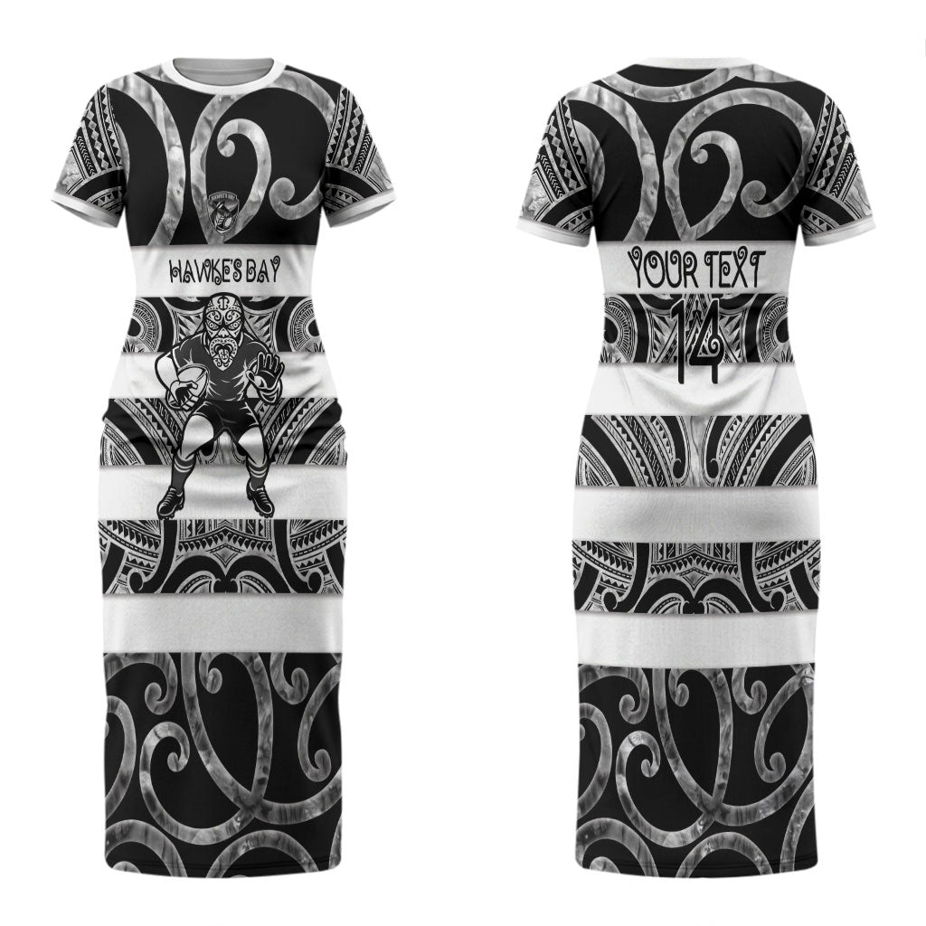 Hawke's Bay Custom Rugby New Zealand Couples Matching Short Sleeve Bodycon Dress and Hawaiian Shirt Aotearoa Maori Pukana Tiki Mascot