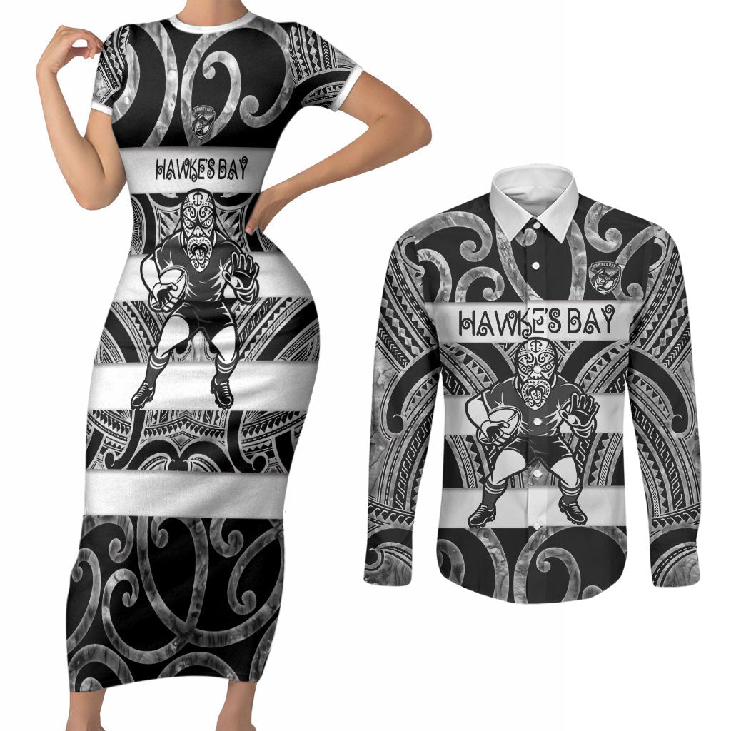 Hawke's Bay Custom Rugby New Zealand Couples Matching Short Sleeve Bodycon Dress and Long Sleeve Button Shirt Aotearoa Maori Pukana Tiki Mascot