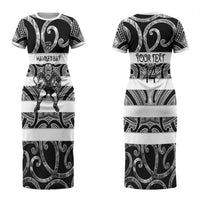 Hawke's Bay Custom Rugby New Zealand Couples Matching Short Sleeve Bodycon Dress and Long Sleeve Button Shirt Aotearoa Maori Pukana Tiki Mascot