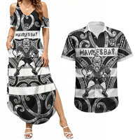 Hawke's Bay Custom Rugby New Zealand Couples Matching Summer Maxi Dress and Hawaiian Shirt Aotearoa Maori Pukana Tiki Mascot